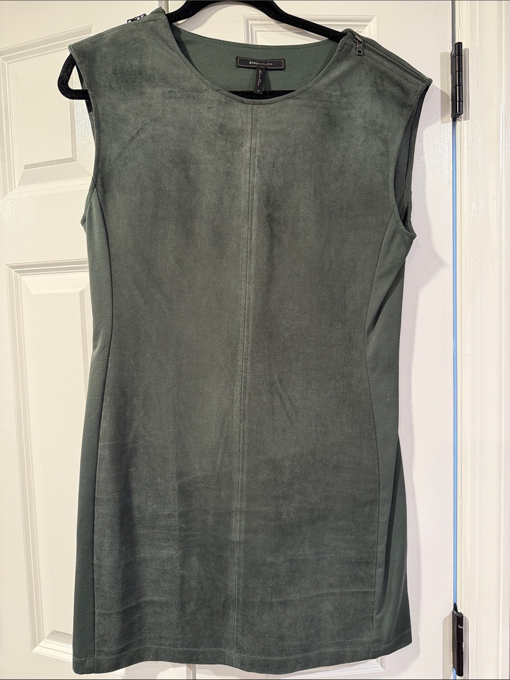 BCBGMaxAzria Olive Green Suede-Front Sheath Dress